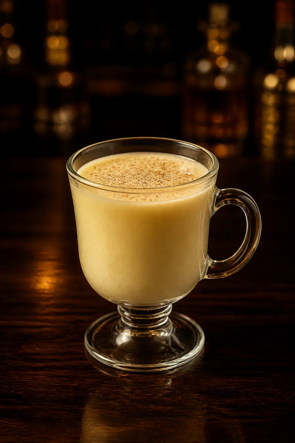 Äggtoddy i toddyglas, ljust gulbeige och krämig med riven muskot