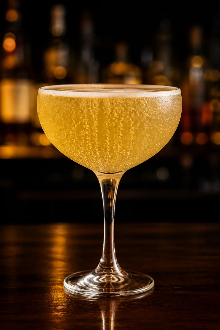 Air Mail i coupe, ljus honungsgul drink med stigande bubblor och tunt skum