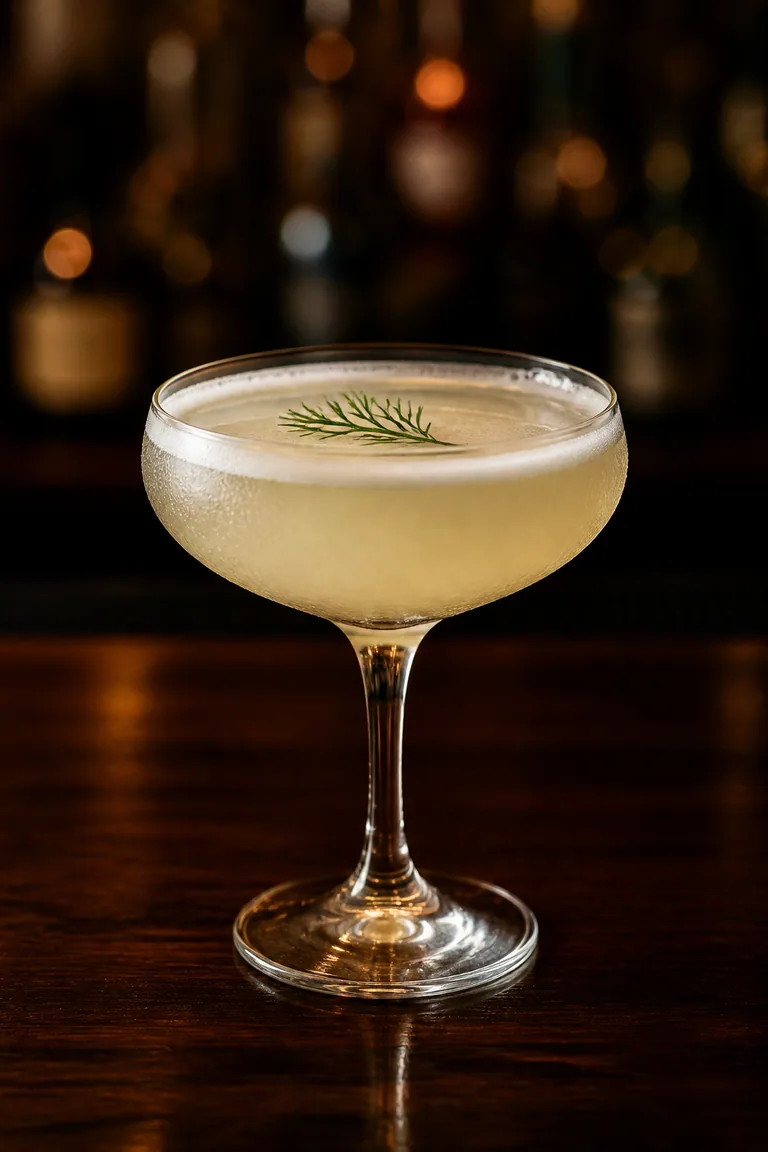 Akvavitgimlet i kylt coupeglas med blek gulvit färg och en dillkvist