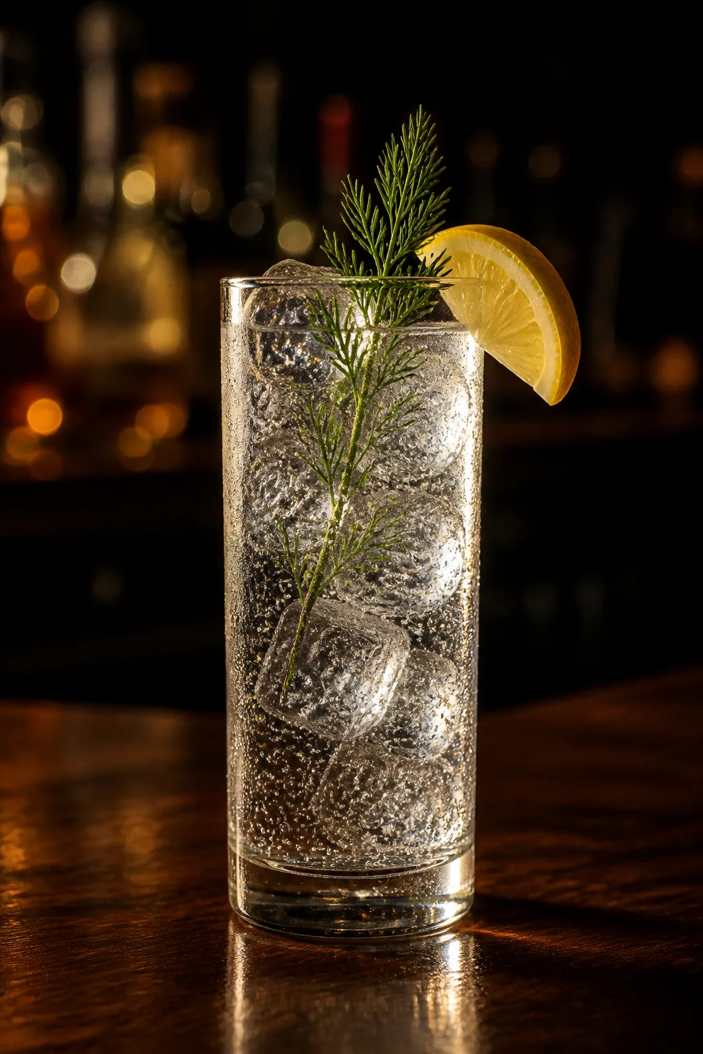 Akvavit och tonic i highballglas med stora isbitar, dillkvist och citronklyfta