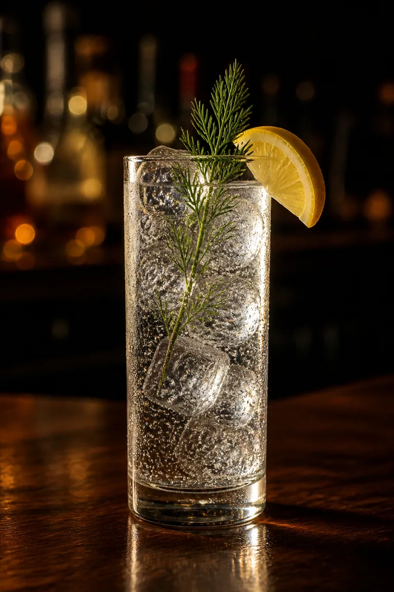 Akvavit och tonic i highballglas med stora isbitar, dillkvist och citronklyfta