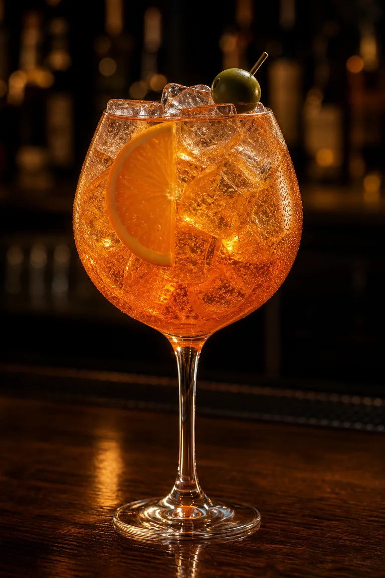 Alkoholfri Spritz i stort vinglas med is, orange färg och en apelsinskiva
