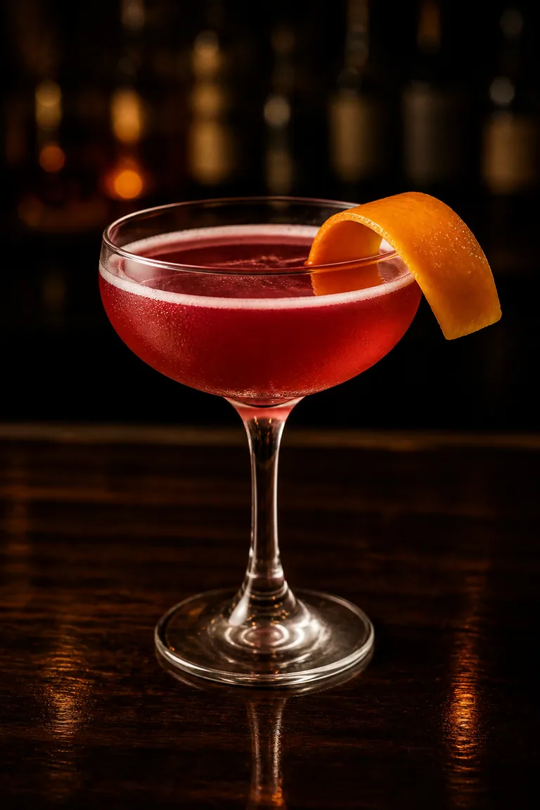 Alkoholfri Cosmopolitan i coupeglas med klar röd färg och en apelsinzest