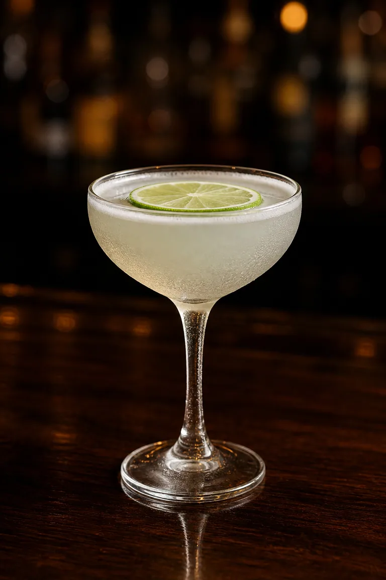 Alkoholfri Daiquiri i coupeglas, blek och lätt grumlig med en limeskiva