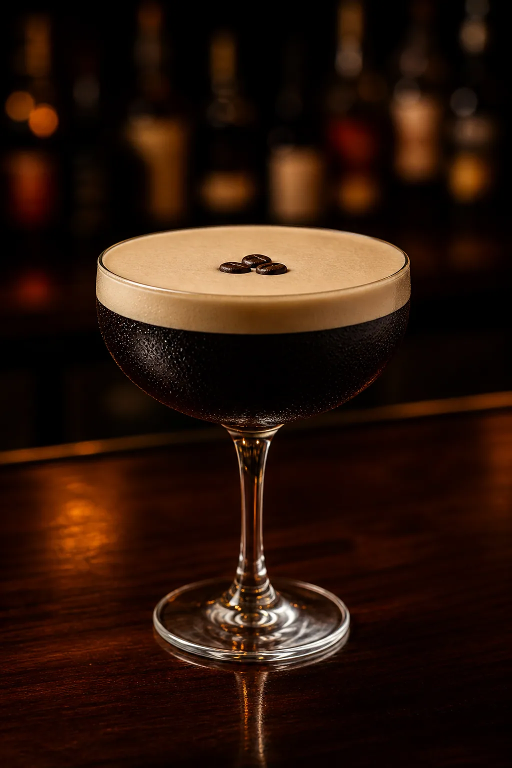Alkoholfri Espresso Martini i coupe med tjockt ljusbrunt skum och tre kaffebönor