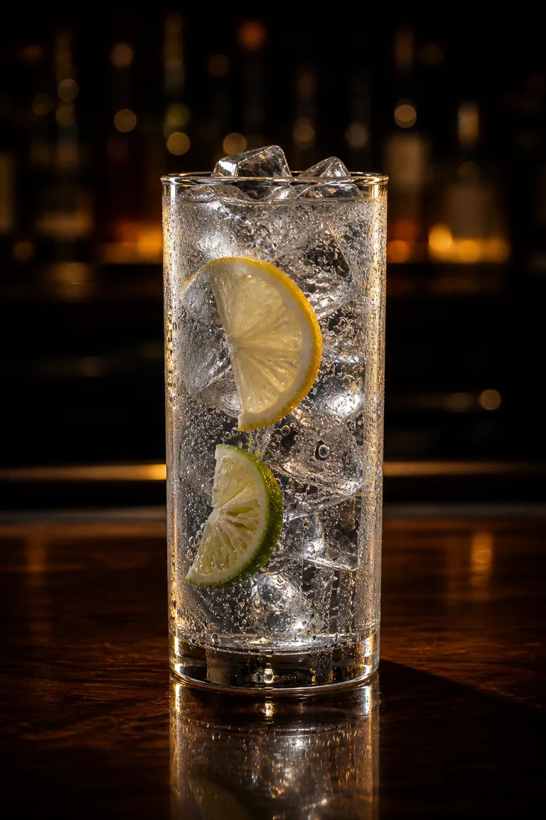 Alkoholfri gin och tonic i highballglas fyllt med is, limeklyfta och citronskiva