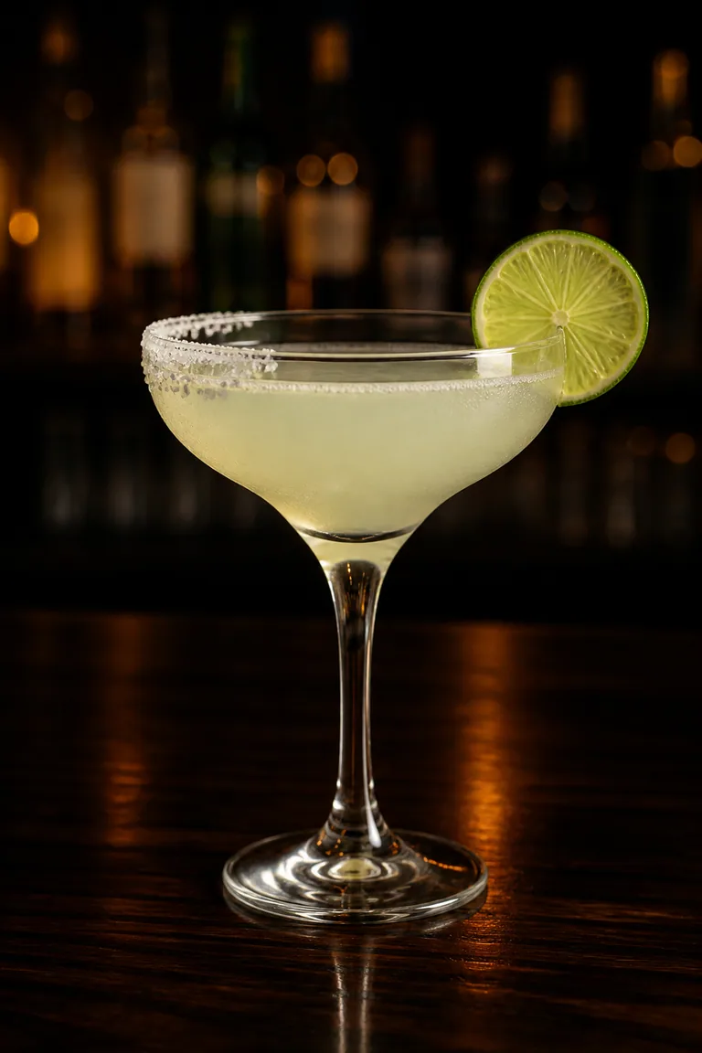 Alkoholfri Margarita i margaritaglas med salt på halva kanten och en limeskiva