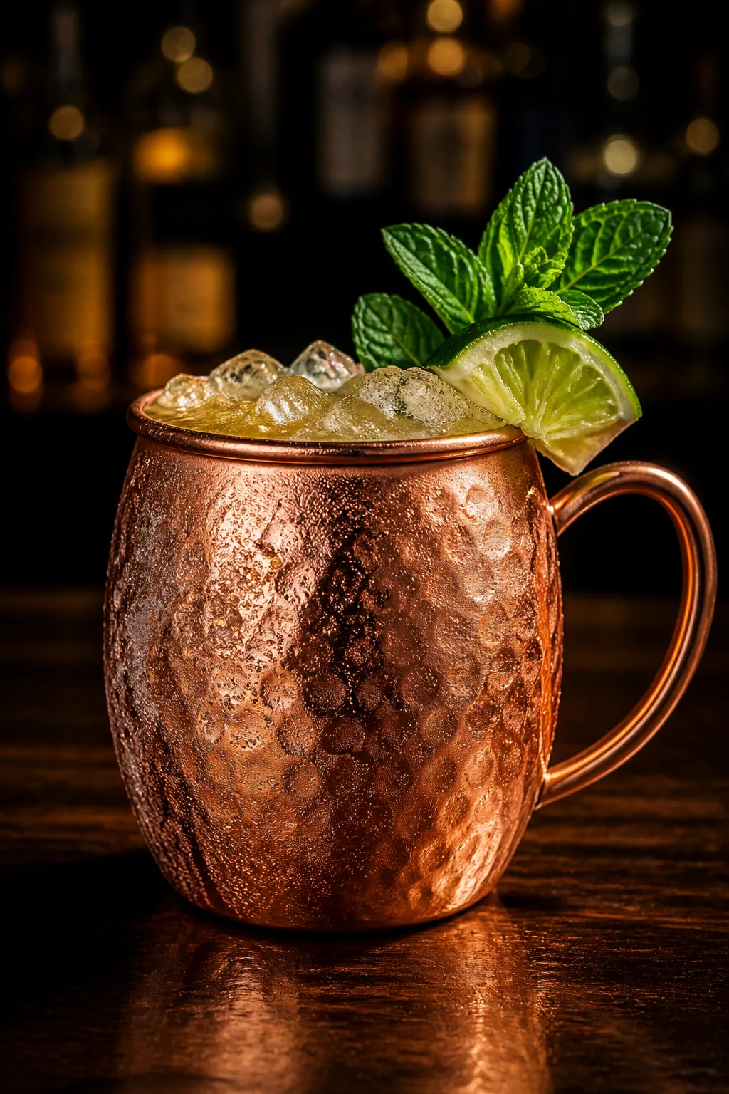 Alkoholfri Moscow Mule i kopparmugg med is, limeklyfta och myntakvist