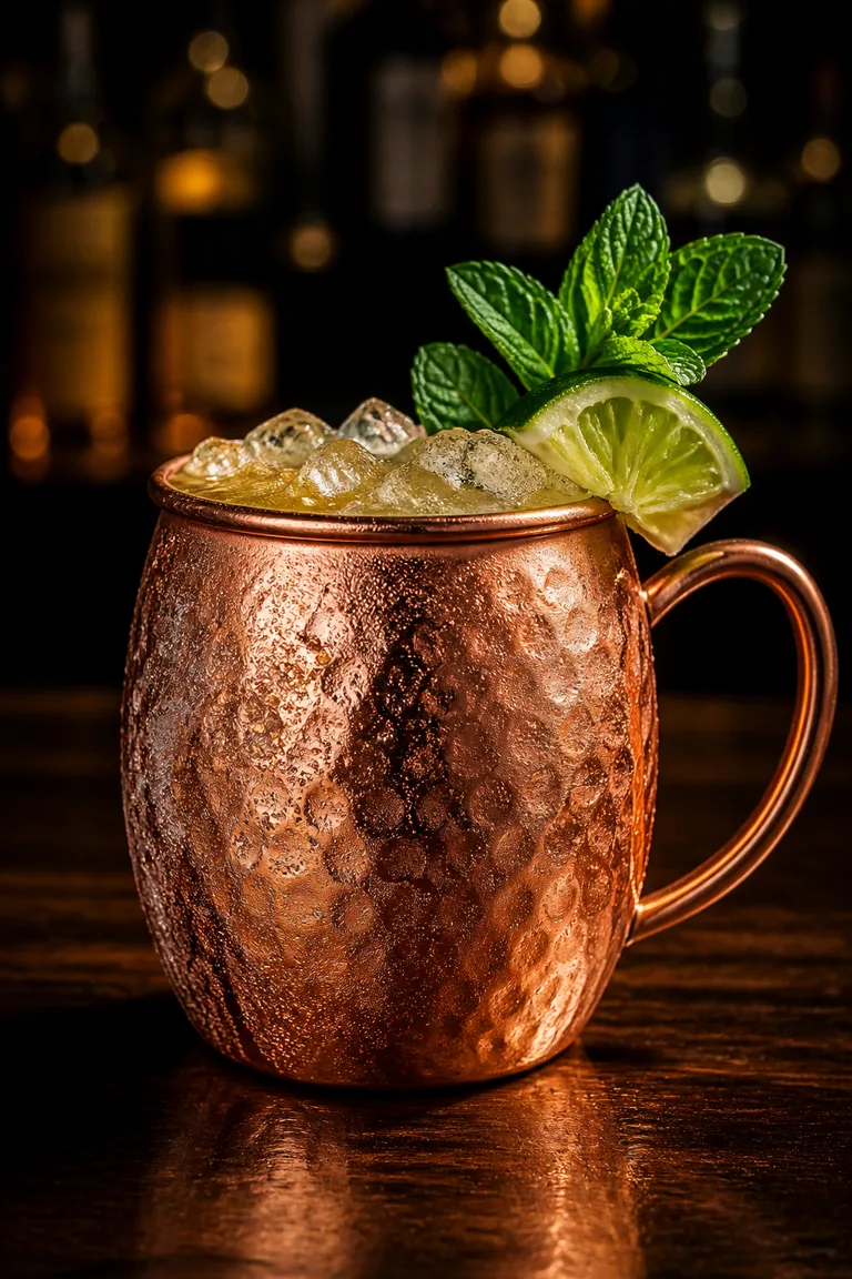 Alkoholfri Moscow Mule i kopparmugg med is, limeklyfta och myntakvist