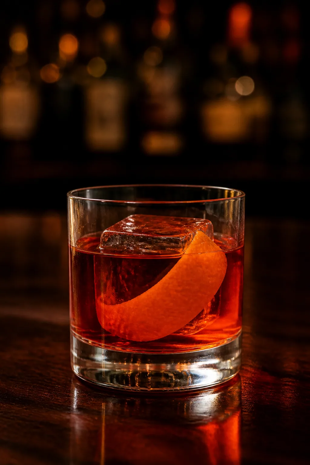 Alkoholfri Negroni i lowballglas med en stor iskub och en bred apelsinzest