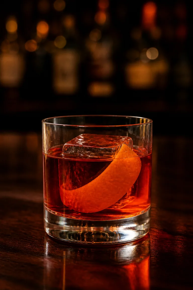 Alkoholfri Negroni i lowballglas med en stor iskub och en bred apelsinzest
