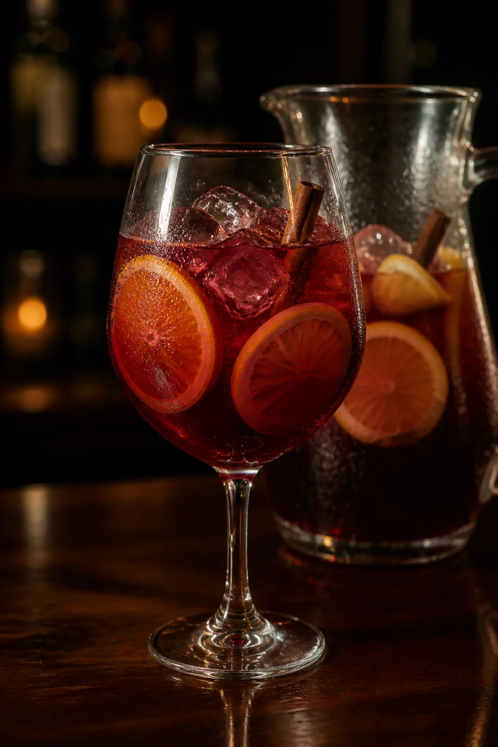 Alkoholfri sangria i vinglas med is, apelsinskivor och citronskivor
