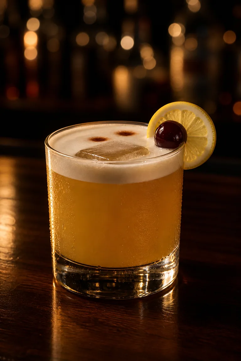 Amaretto Sour i lowballglas med tjockt skum, angosturastreck och ett cocktailbär