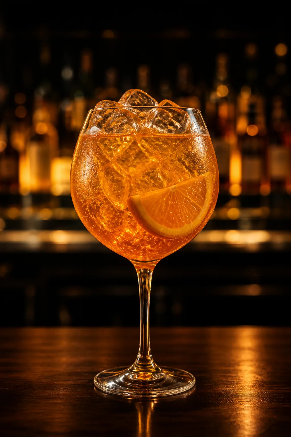Aperol Spritz i stort vinglas med is, apelsinskiva och orange färg