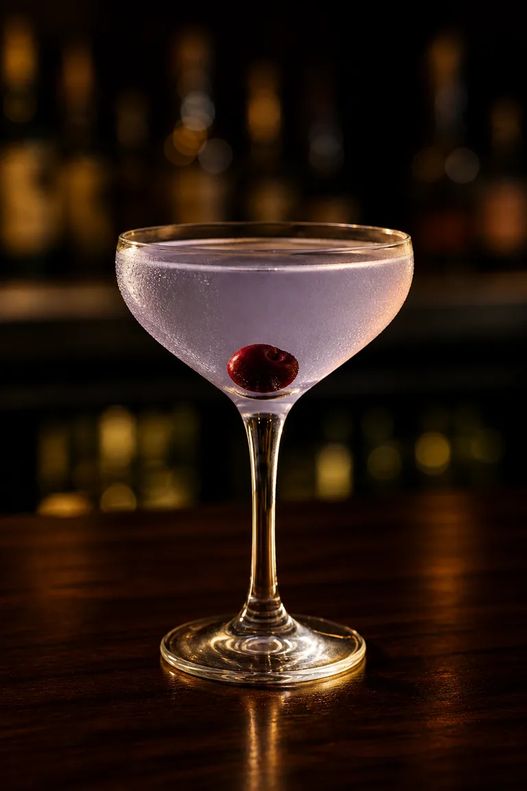 Aviation i coupeglas med blekt violett färg och ett mörkt cocktailbär