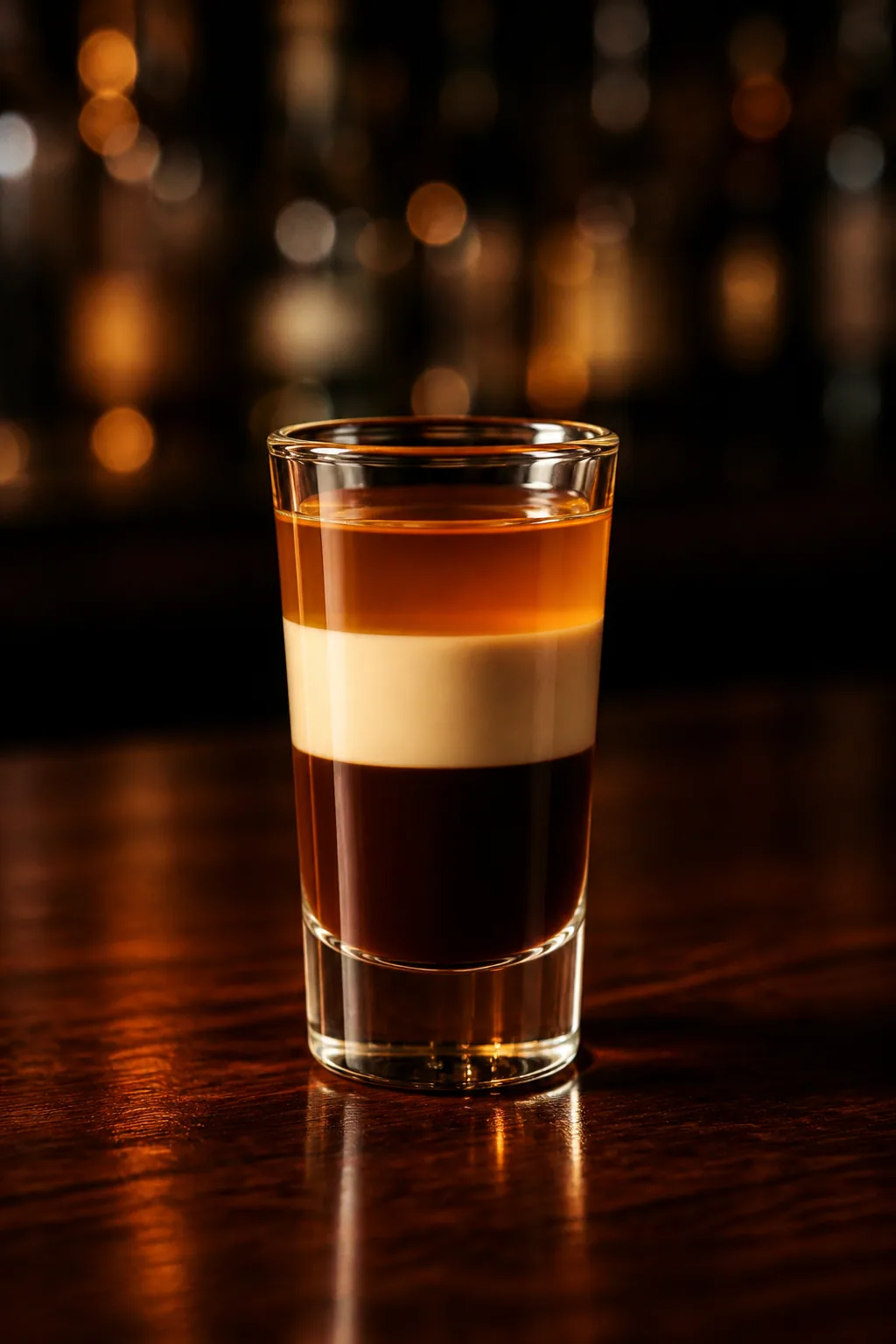 B-52 i shotglas med tre tydliga skikt av kaffelikör, irish cream och apelsinlikör