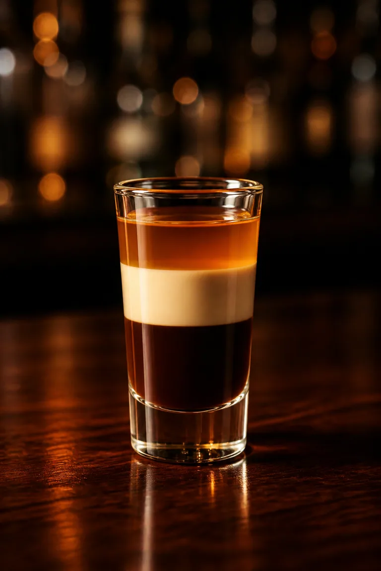 B-52 i shotglas med tre tydliga skikt av kaffelikör, irish cream och apelsinlikör