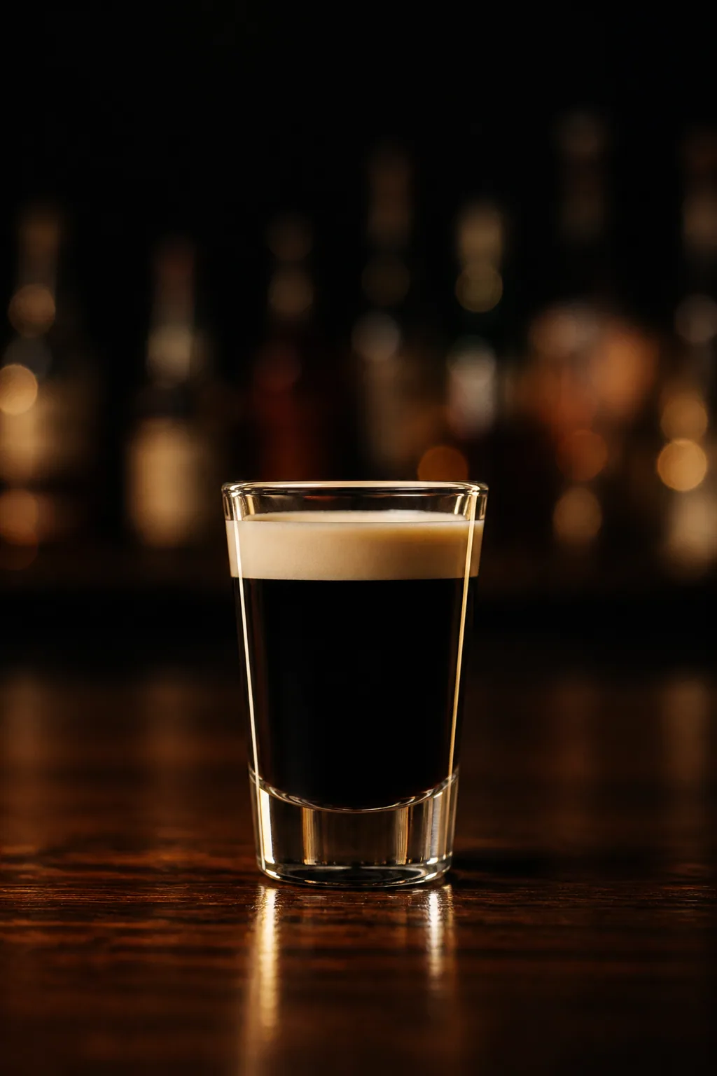 Baby Guinness i shotglas med nästan svart kaffelikör och ljust gräddlager på toppen