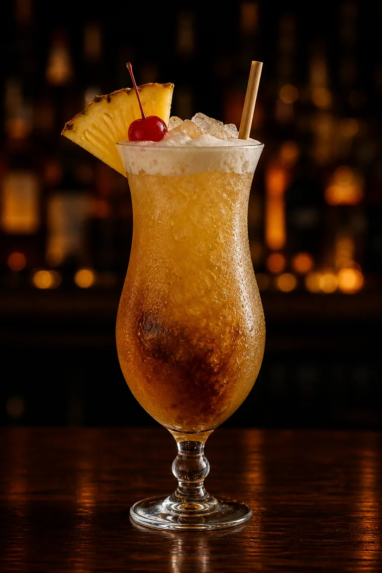 Bahama Mama i hurricaneglas med krossis, ananasklyfta och cocktailbär
