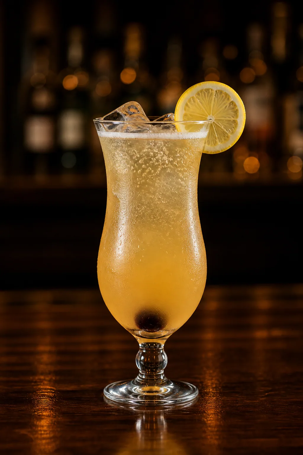 Bali Hai i hurricaneglas, ljust gulorange med bubblor, citronskiva och cocktailbär