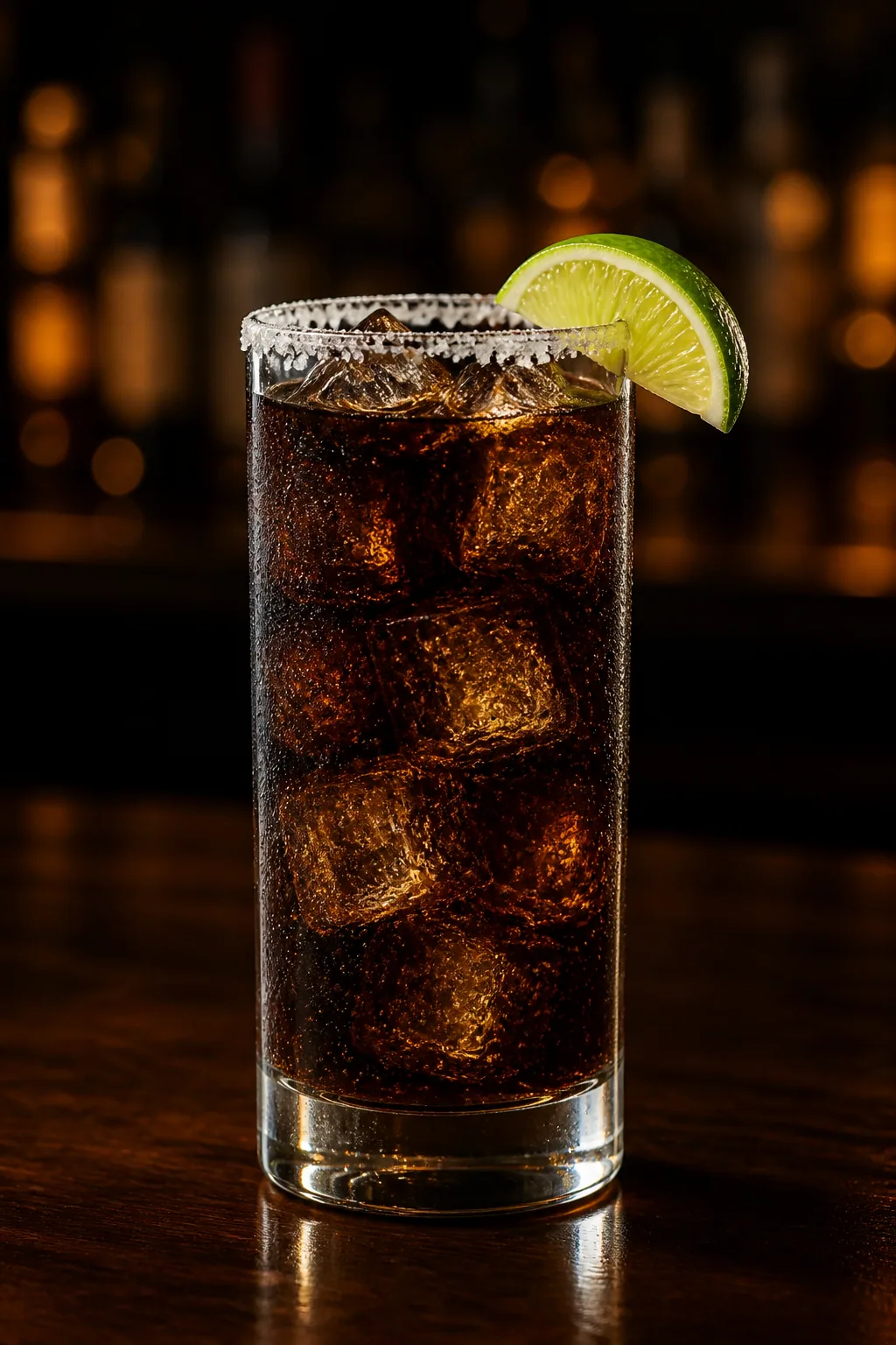 Batanga i highballglas med saltad kant, mörk cola, is och limeklyfta
