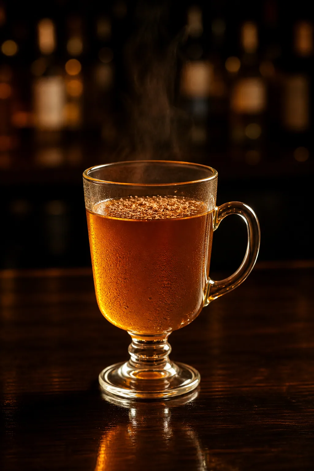 Batavia Arrack Punch i toddyglas med varm bärnstensfärgad dryck och riven muskot