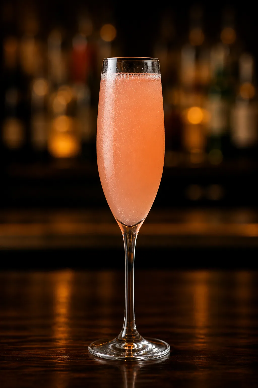 Bellini i champagneglas med blekt persikorosa färg och fina bubblor