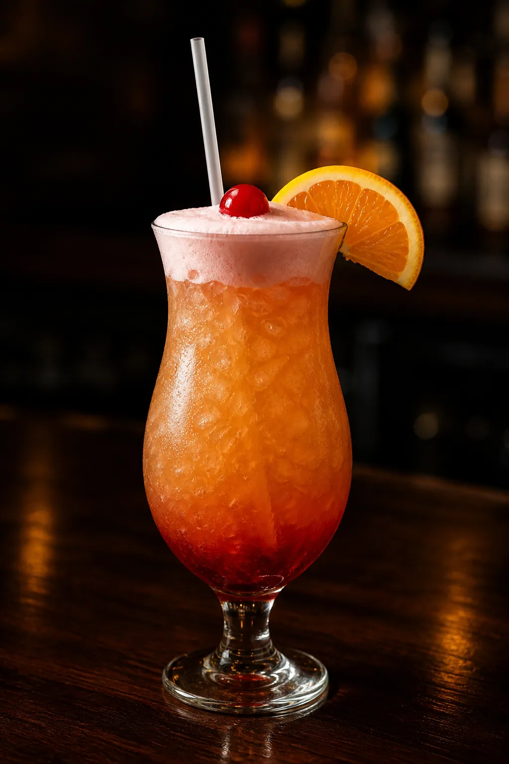 Bermuda Rum Swizzle i hurricaneglas med krossis, skum, apelsinskiva och cocktailbär