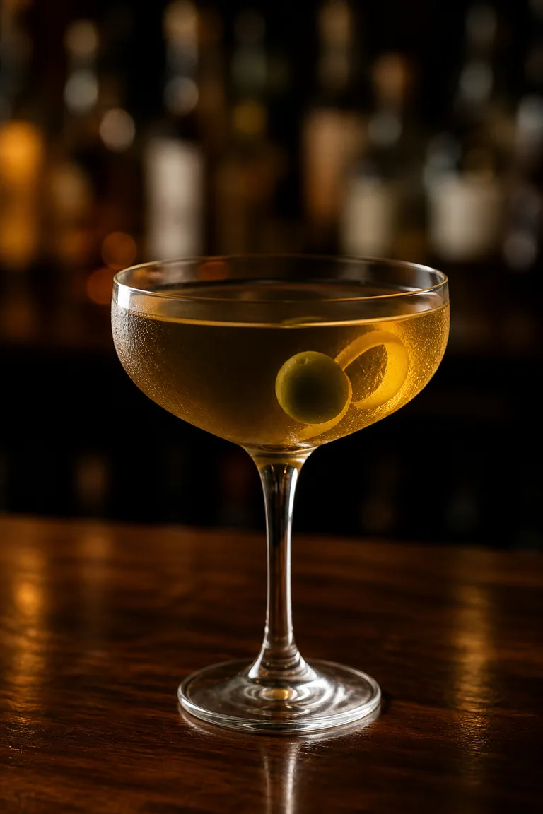 Bijou i coupe, bärnstensbrun och klar med citronzest och en oliv