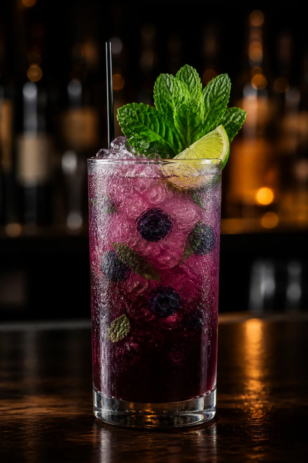 Blåbärsmojito i highballglas med krossis, mosade blåbär och en myntakvist