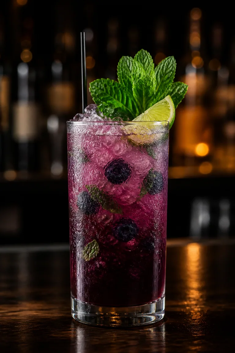 Blåbärsmojito i highballglas med krossis, mosade blåbär och en myntakvist