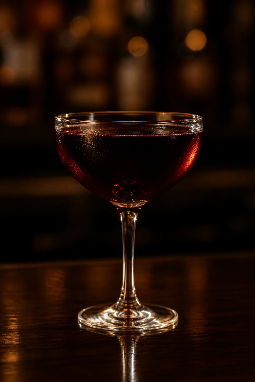 Black Manhattan i coupeglas, mörkt rödbrun och klar med ett cocktailbär i botten