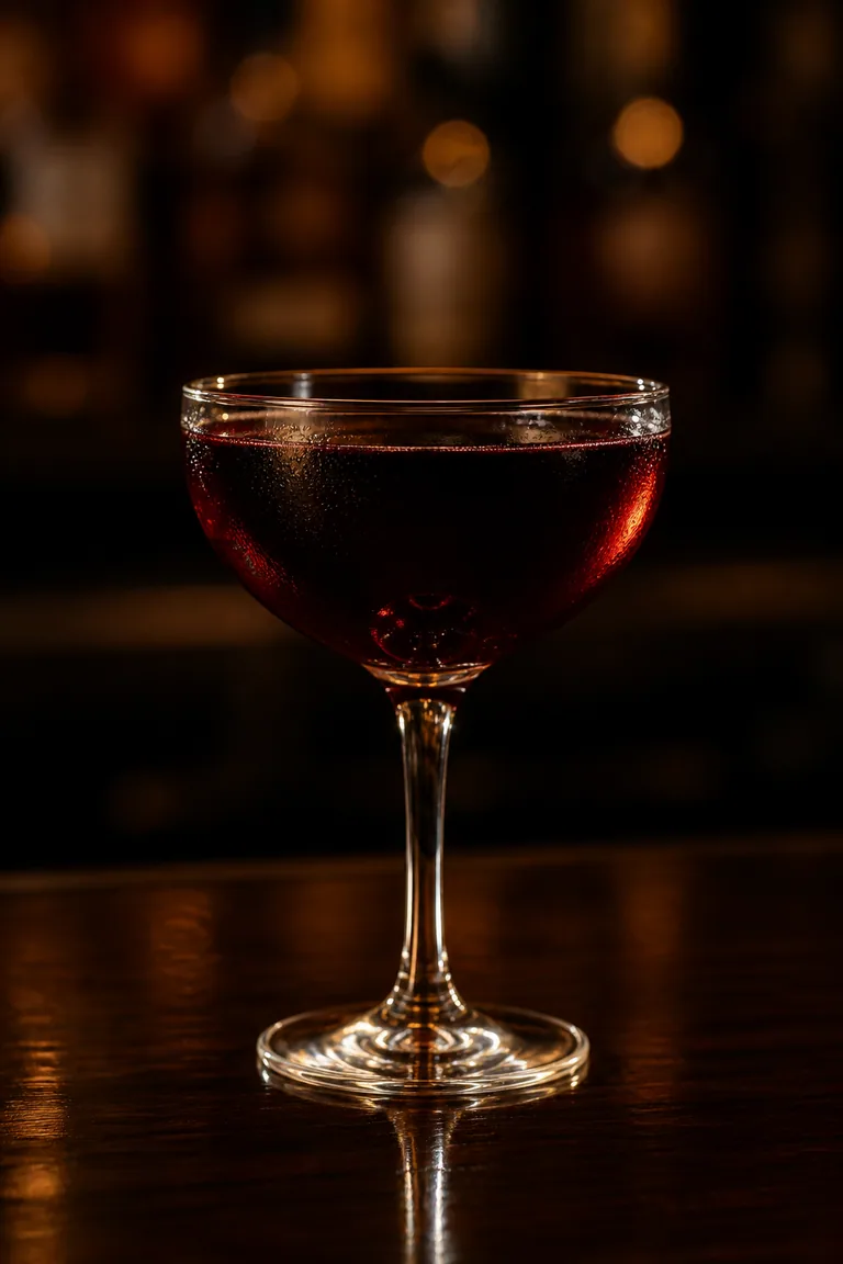 Black Manhattan i coupeglas, mörkt rödbrun och klar med ett cocktailbär i botten