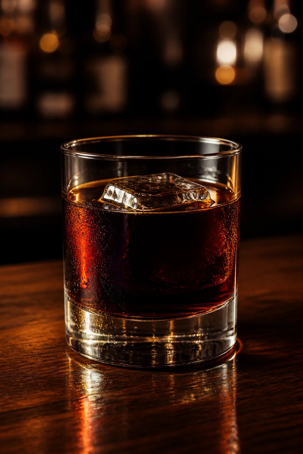 Black Russian i lowballglas med en stor isbit och nästan svart drink