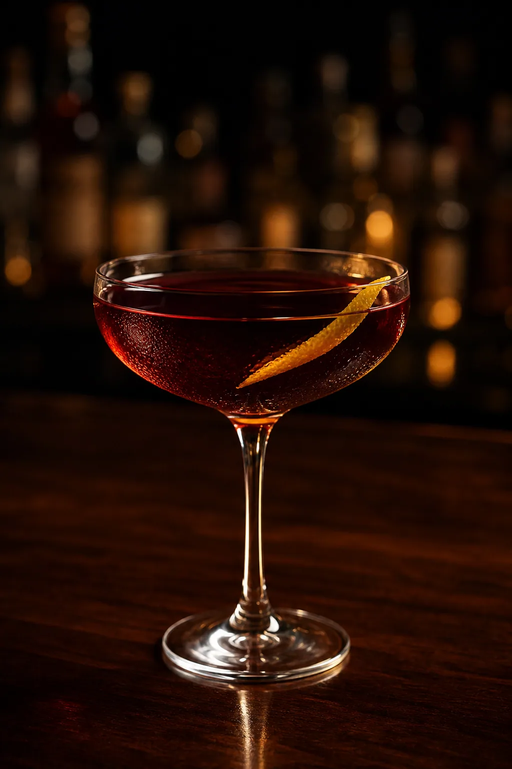 Blackthorn i coupeglas, klar mörkt rödbrun drink med citronzest