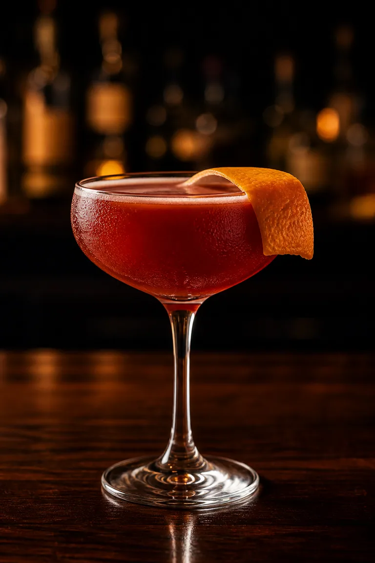 Blood and Sand i coupeglas, mörkt rödorange drink med apelsinzest