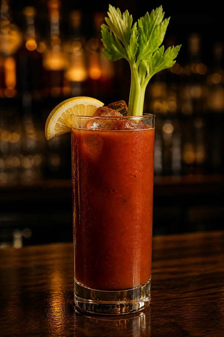 Bloody Mary i highballglas med isbitar, selleristjälk och citronklyfta