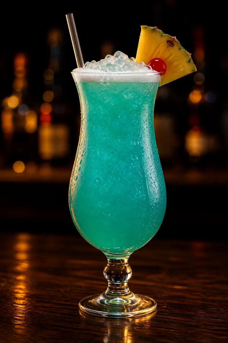 Blue Hawaii i hurricaneglas med turkos färg, krossis och ananasklyfta