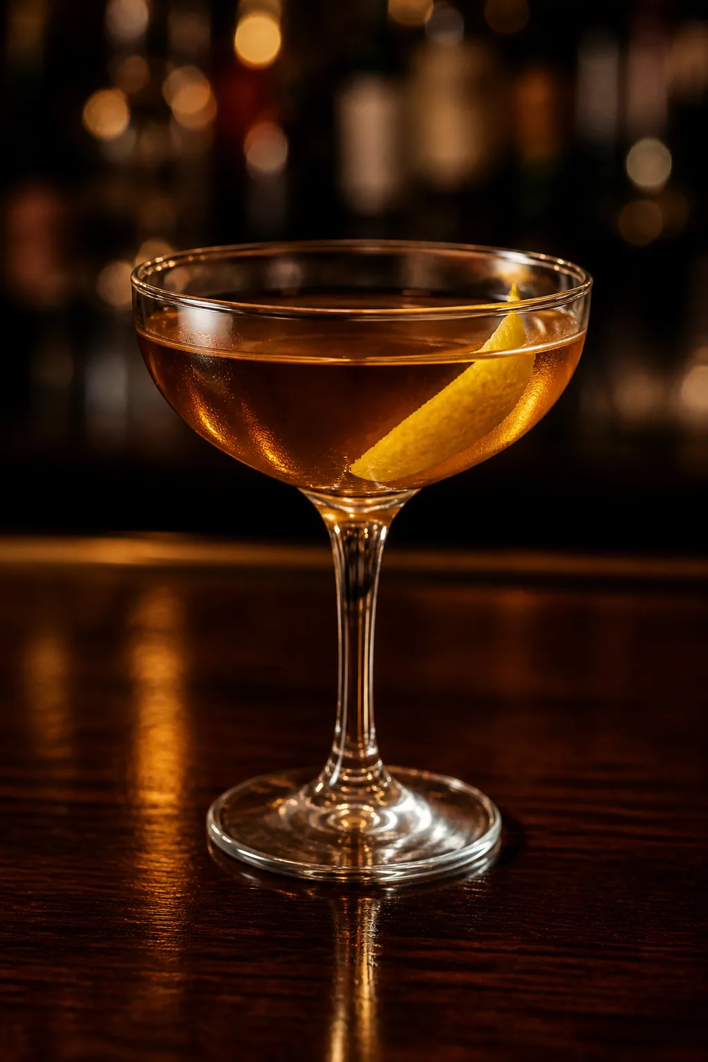 Boomerang i coupeglas, klar bärnstensfärgad drink med en citronzest