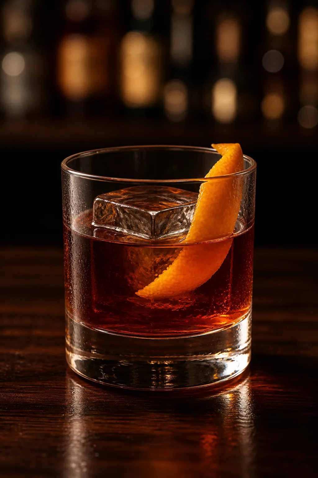 Boulevardier i lowballglas med stor isbit och apelsinzest