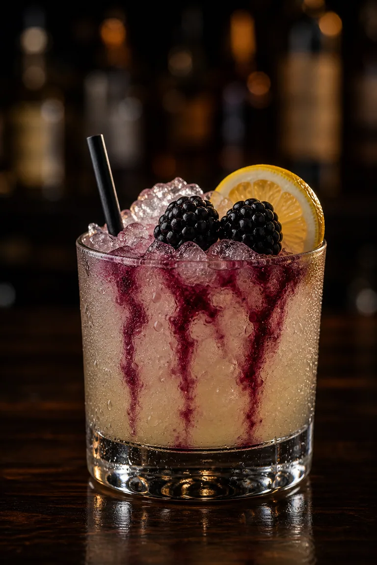 Bramble i lowballglas med krossis och röda ådror av björnbärslikör