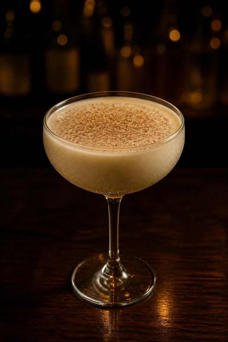 Brandy Alexander i coupeglas, ljust beige och krämig med riven muskot över ytan