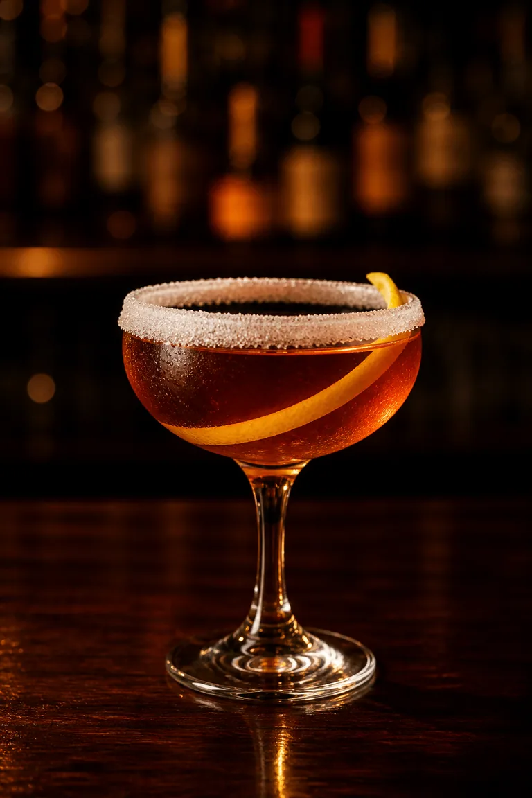 Brandy Crusta i coupeglas med sockerkant och en hel citronskalsspiral längs insidan