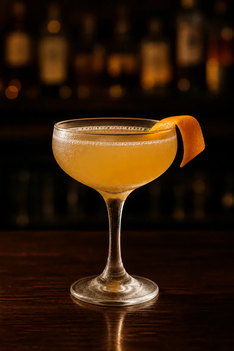 Breakfast Martini i coupe, ljust gyllengul och lätt disig med apelsinzest