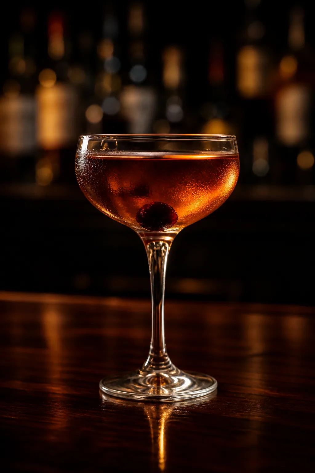 Brooklyn i coupe, klar bärnstensbrun drink med ett mörkt cocktailbär i botten