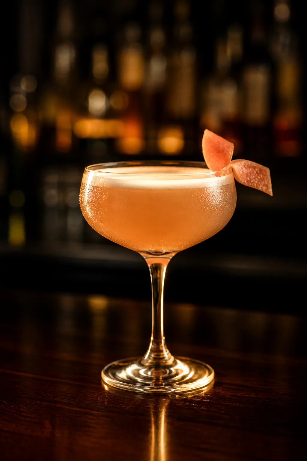 Brown Derby i coupeglas, gyllene rosaskimrande drink med grapefruktzest