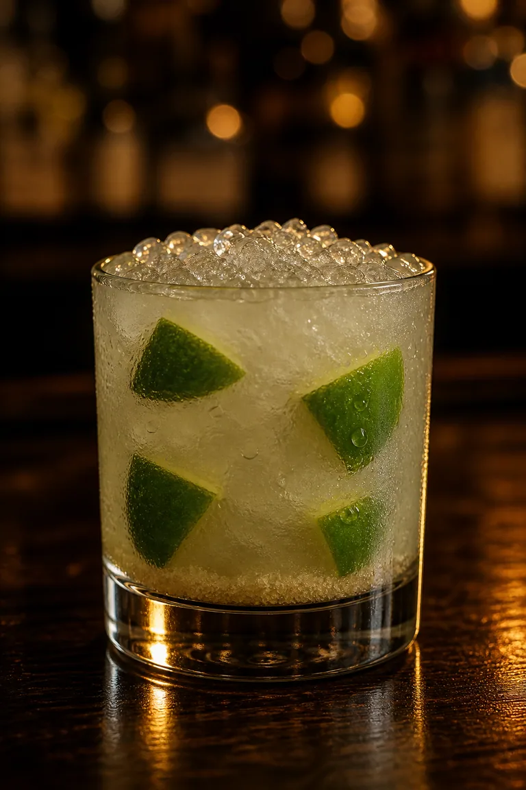 Caipirinha i lowballglas med muddlade limeklyftor och krossis