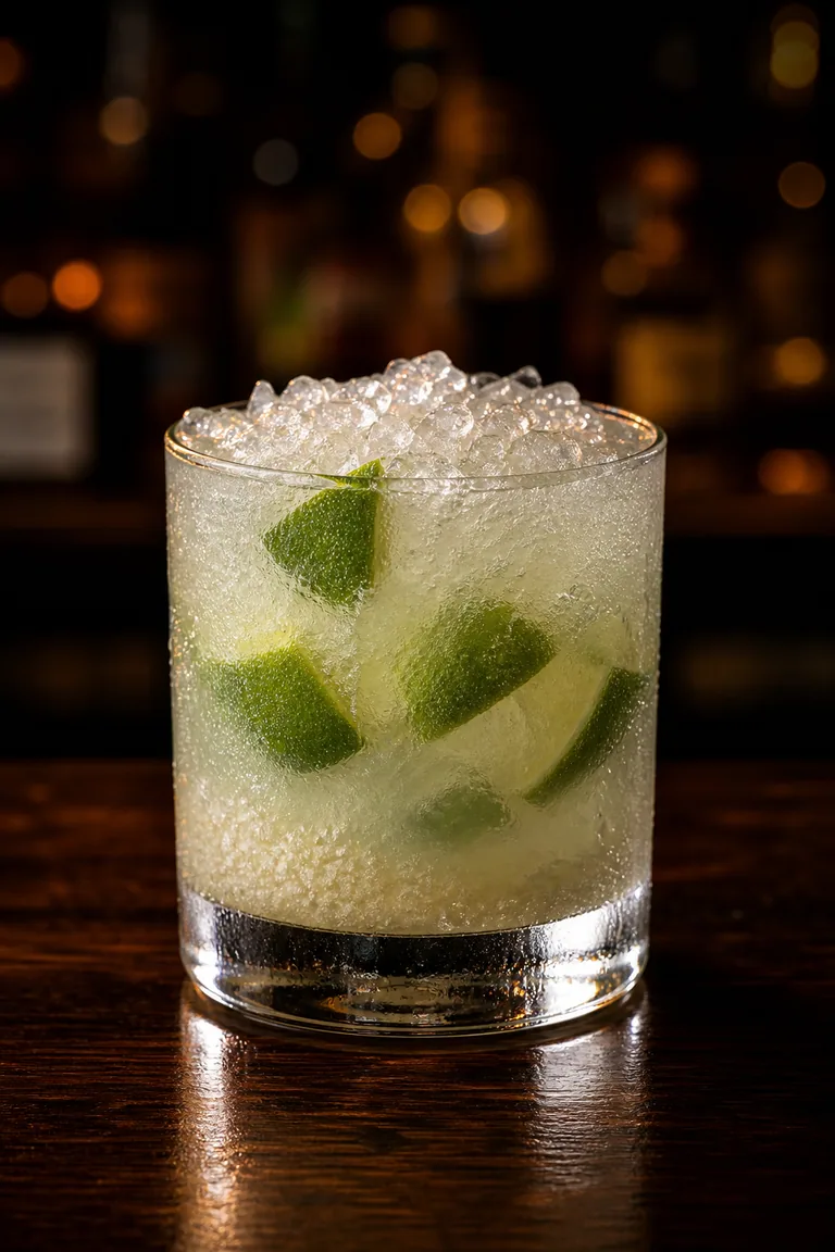 Caipiroska i lowballglas med muddlade limeklyftor och krossis till brädden