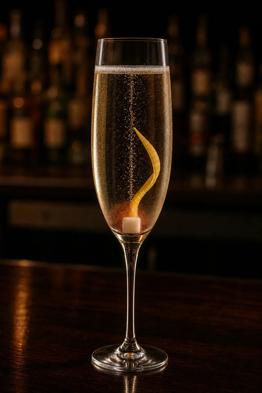 Champagne Cocktail i champagneglas med bubblande sockerbit i botten och citronzest