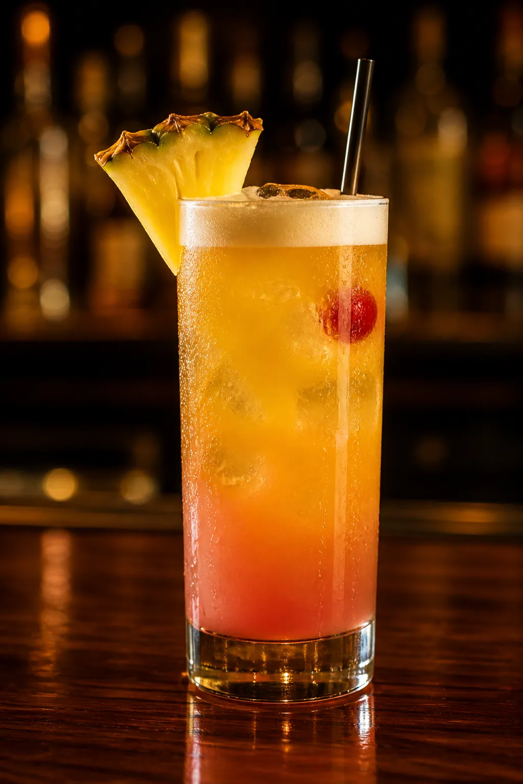 Cinderella i highballglas med orange juicedrink, skum och ananasklyfta